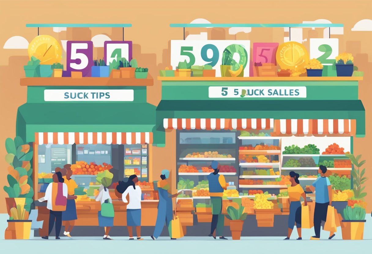 A bustling marketplace with colorful stalls and eager customers. Signs display "5 Quick Tips to Increase Your Sales in 24 Hours" in bold letters