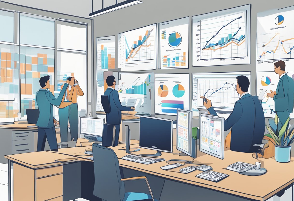 A busy sales office with phones ringing, a whiteboard with sales targets, and a computer screen showing a graph of increasing sales